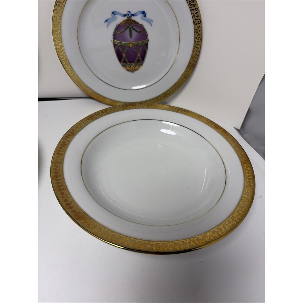 2 Gold Buffet Royal Gallery Faberge Egg Salad Plates Orange & Purple 2 Bowls - Picture 5 of 7